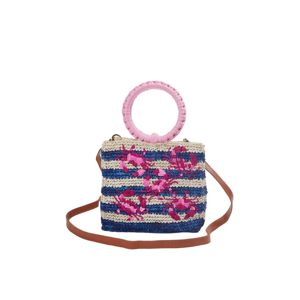NEW ETHNIQUE shelly embroidered raffia cross-body wristlet bag in blue/pink